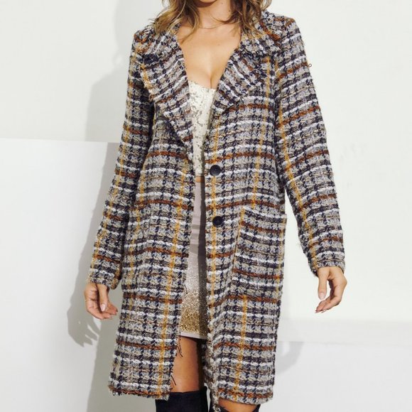 DAVI & DANI TWEED BLAZER JACKET coat multi navy SM-4XL boho western hounds tooth - Picture 1 of 6